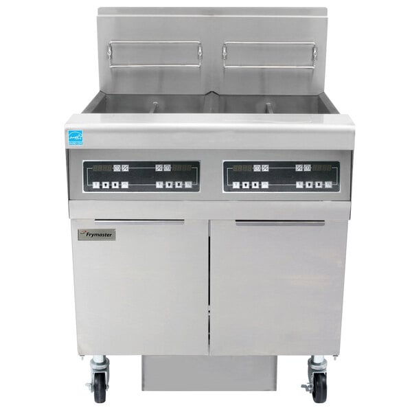 A Frymaster natural gas floor gas fryer system with two drawers.