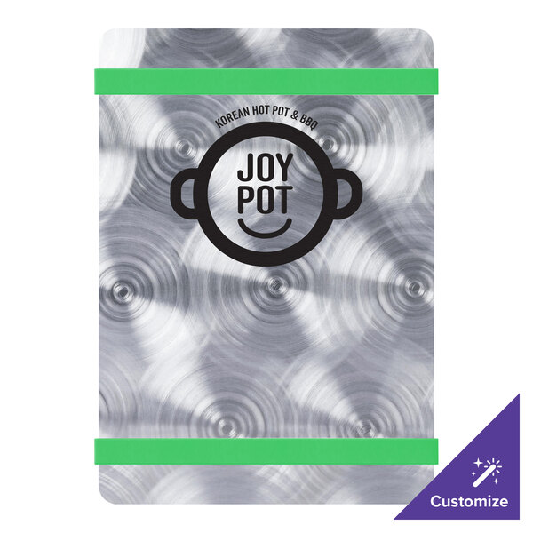 A silver Menu Solutions Alumitique menu board with green bands and a restaurant logo.