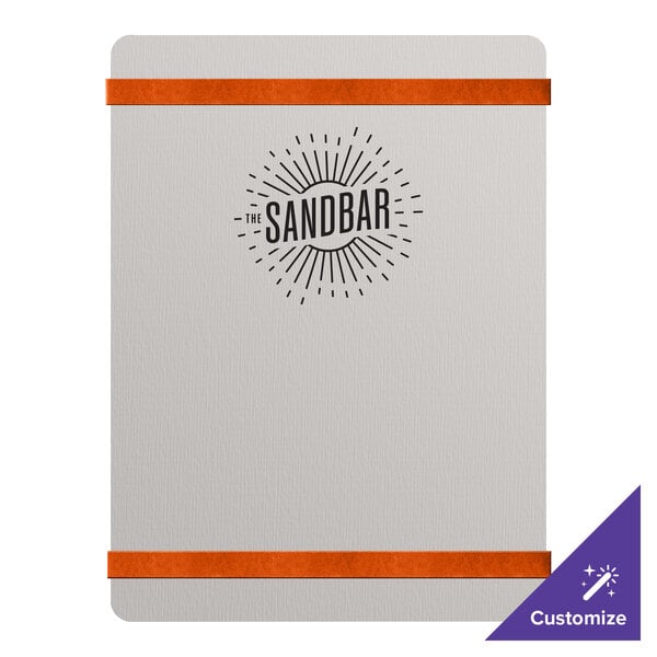 A brushed aluminum Menu Solutions menu board with orange bands and black text on it.