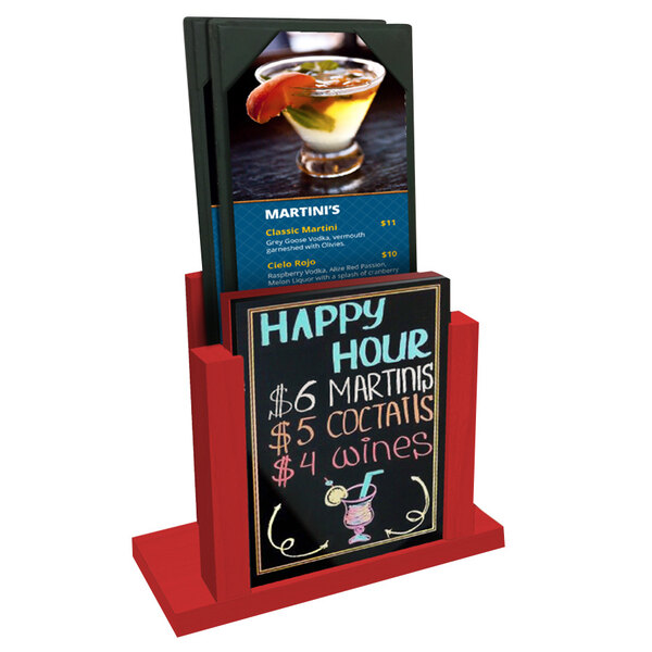 A berry wood Menu Solutions stand with a wet erase board holding a menu on a table with a drink.