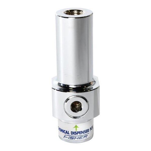 A chrome plated Fisher pipe to hose chemical adapter tee with a white background.