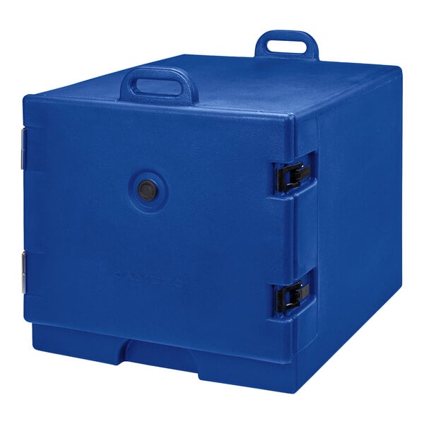 A navy blue front-loading insulated tray and sheet pan carrier designed for full size pans.