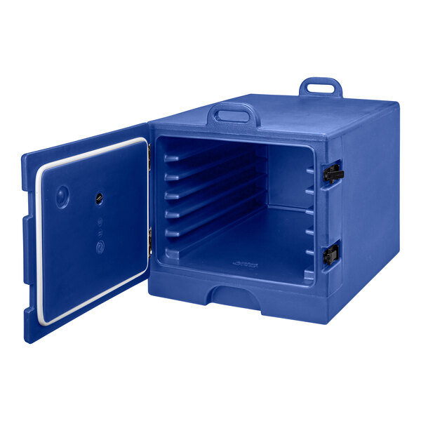 A navy blue front-loading insulated tray and sheet pan carrier designed for full size pans.