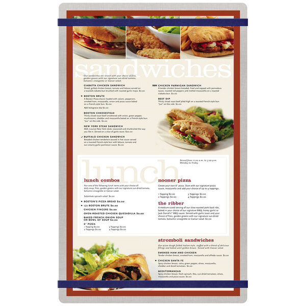 A Menu Solutions customizable brushed aluminum menu board with navy bands displaying a sandwich and salad on a plate.