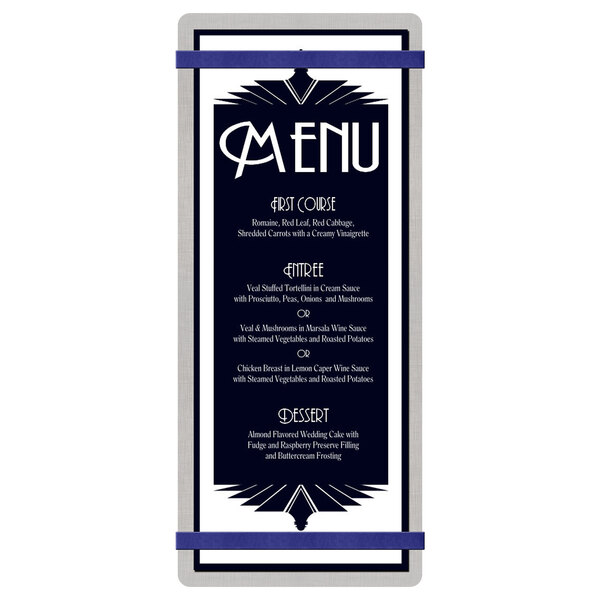 A Menu Solutions Alumitique menu board with navy bands holding a menu with a white background and black and blue design.