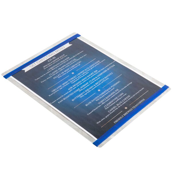 A Menu Solutions Alumitique menu board with navy bands on a white background.