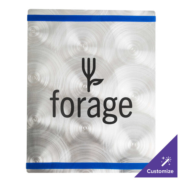 A navy blue and silver Alumitique menu board with a logo on it.