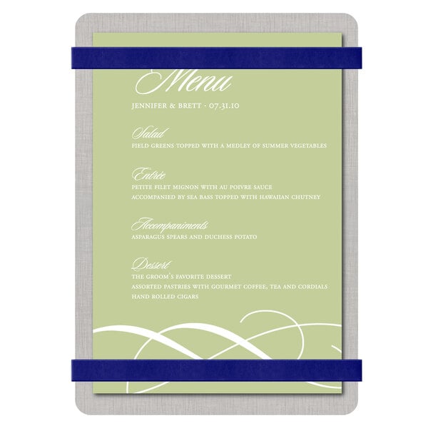 A Menu Solutions Alumitique menu board with navy bands on a white background.