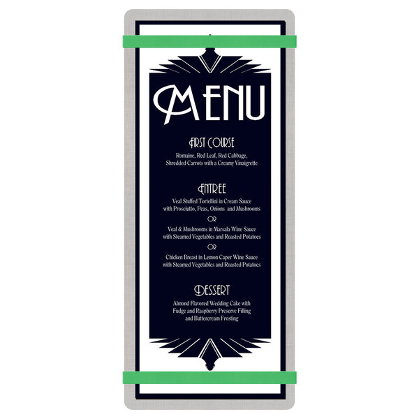 A Menu Solutions brushed aluminum menu board with green bands on the top and bottom and a white background.