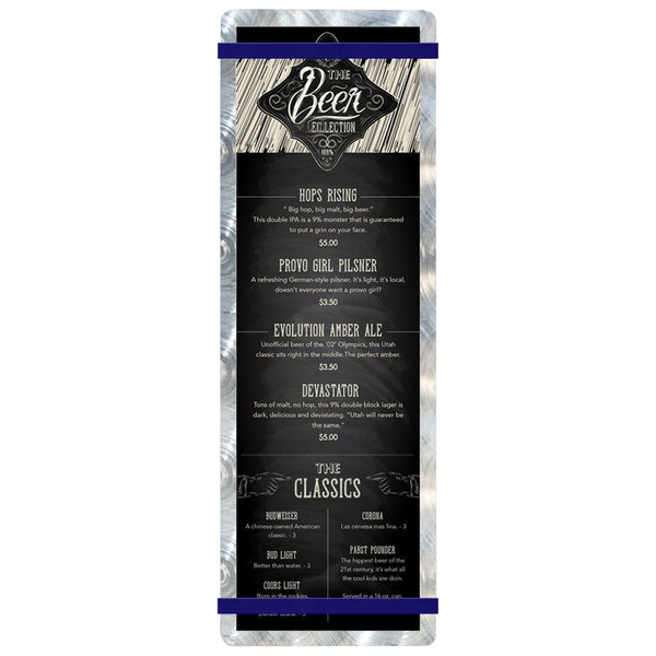 A navy and white customizable Alumitique menu board with navy bands.