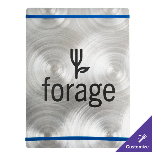 A silver aluminum Menu Solutions menu board with navy bands and a logo.