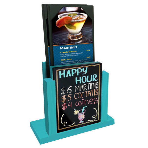 A Sky Blue wood menu holder with a wet erase board insert on a table in a cocktail bar.
