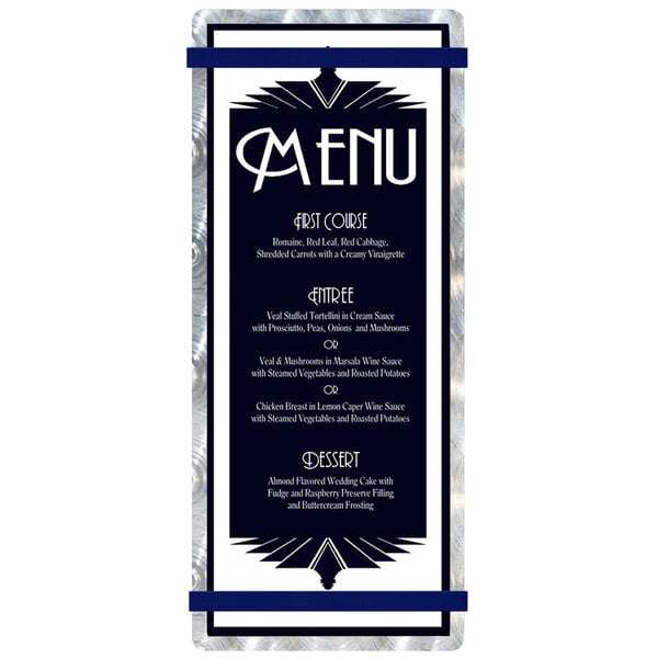 A Menu Solutions Alumitique aluminum menu board with navy bands and blue and white text on a white background.