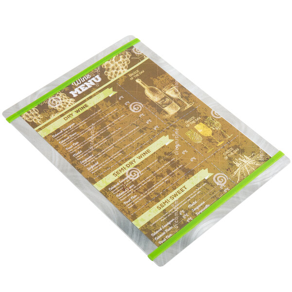 A Menu Solutions Alumitique aluminum menu board with a green and white design.