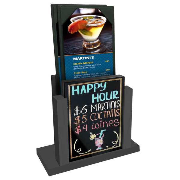 An ash wood menu holder with a wet erase board insert on a stand with writing on it.