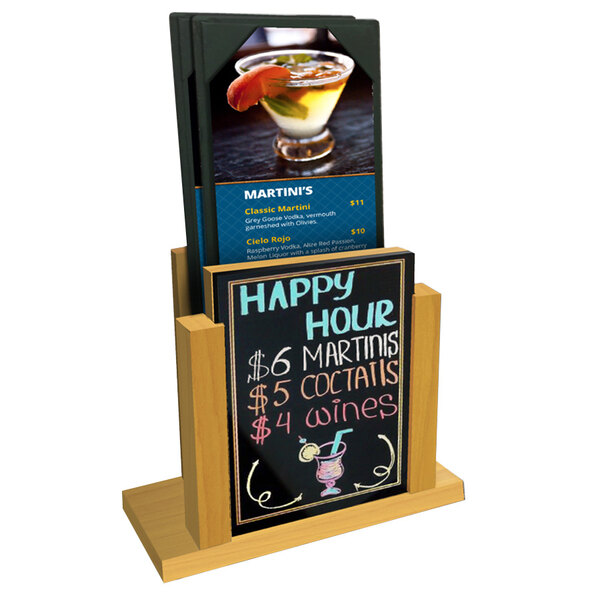 A Menu Solutions country oak wood menu holder with wet erase board insert on a table.