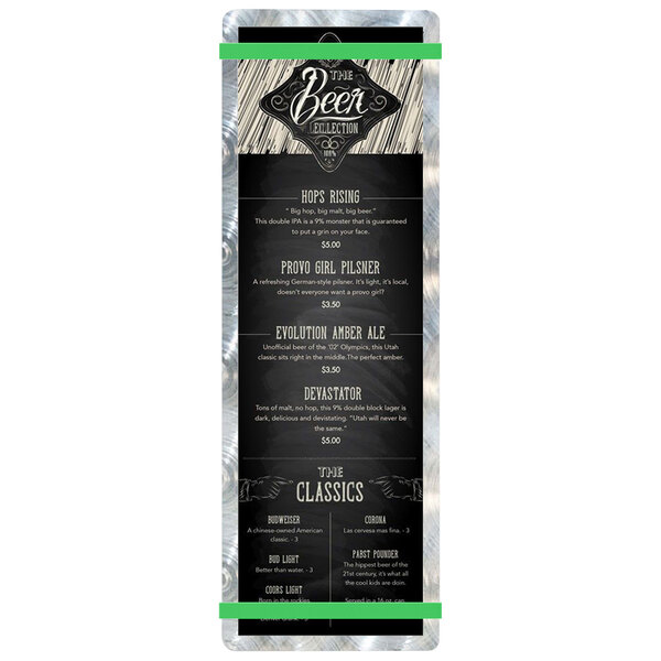 A black Alumitique menu board with white text and green bands displaying a beer menu.