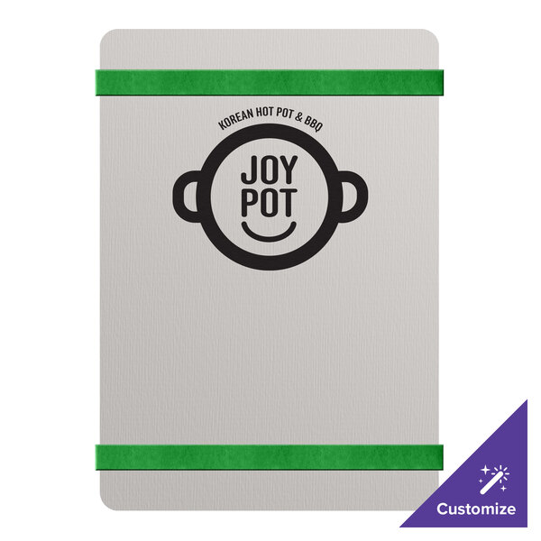 A Menu Solutions brushed aluminum menu board with green bands and a restaurant logo displayed.