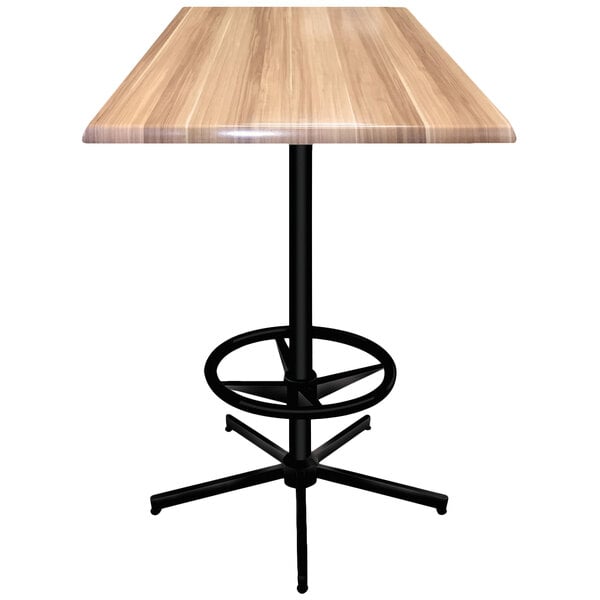 A natural wood square bar table with a black metal base.