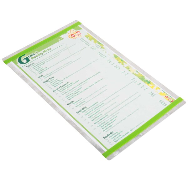 A Menu Solutions Alumitique menu board with green bands on a white surface.