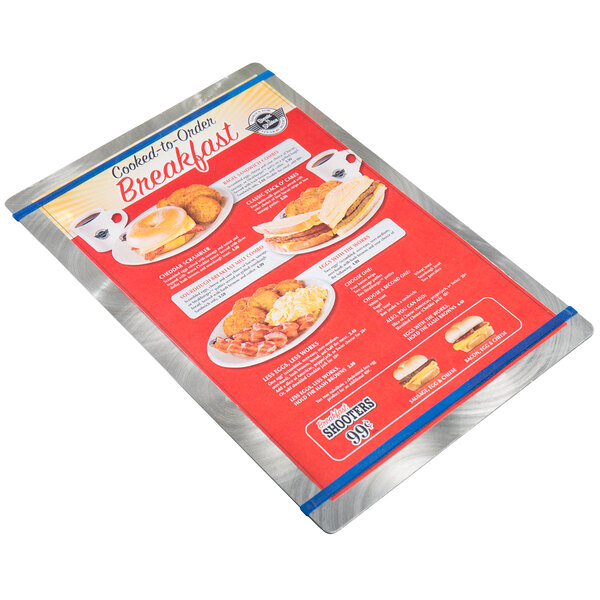 A Menu Solutions Alumitique menu board with navy bands on a white background with a bagel sandwich, burger, and sandwich package.