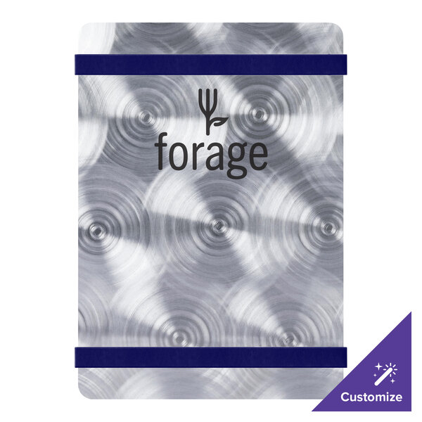 A silver aluminum Menu Solutions cover with navy bands and a blue swirl design on the metal surface.