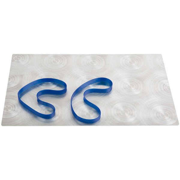 A silver Alumitique menu board with navy blue rubber bands.