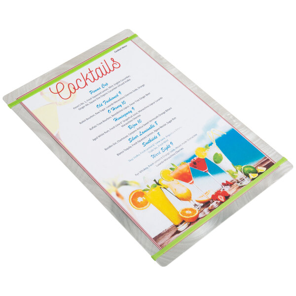 A customizable Alumitique aluminum menu board with green bands on a white surface.
