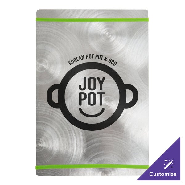 A close up of a silver Alumitique menu board with green bands and a logo.