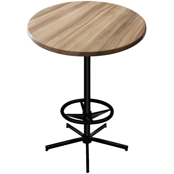 A round wooden table with a black base.