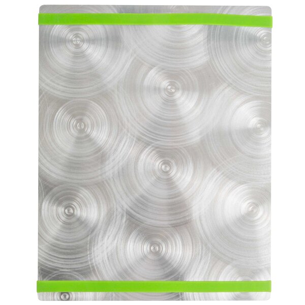 A silver Alumitique menu board with a green swirl design and green bands.