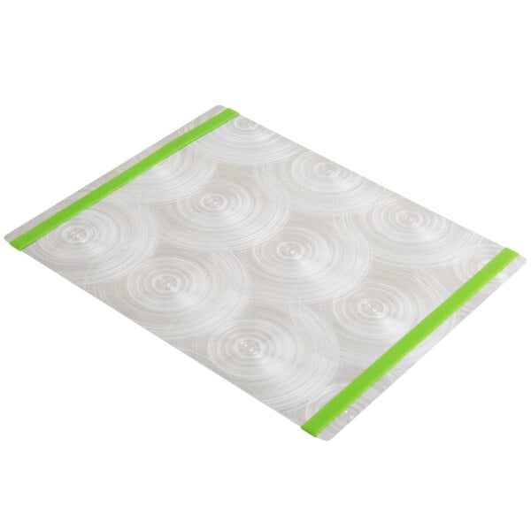 A white and green rectangular aluminum menu board with a green swirl pattern on the corners.