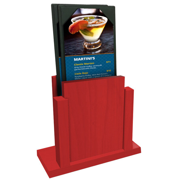 A red wooden Menu Solutions berry wood menu holder on a table.