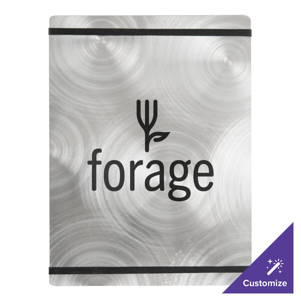A silver metal Alumitique menu board with black swirls and text.