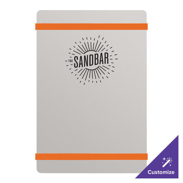 A Menu Solutions Alumitique menu board with white and orange bands and black text on a white surface.