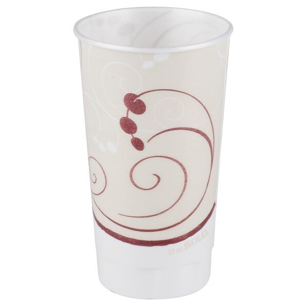 A white Solo Symphony foam cup with a design on it.