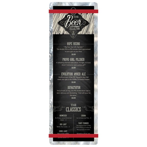 A Menu Solutions Alumitique aluminum menu board with red bands and white and black text on a white background.
