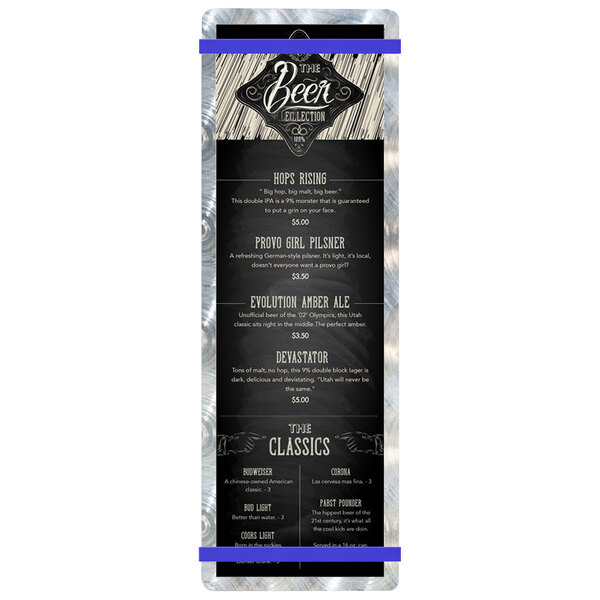 A Menu Solutions Alumitique aluminum menu board with royal blue bands and white text on a black and white sign.