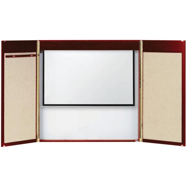 A brown hardwood veneer rectangular cabinet with a white markerboard with a red border.
