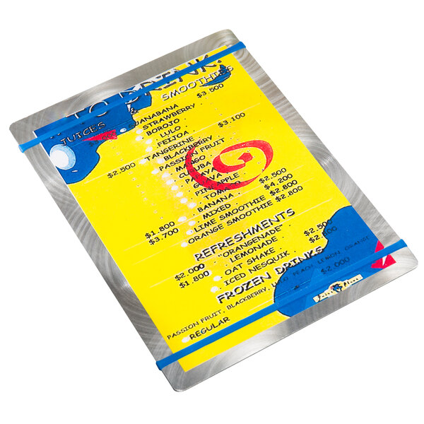 A Menu Solutions Alumitique menu board with yellow and blue swirls on a white background.