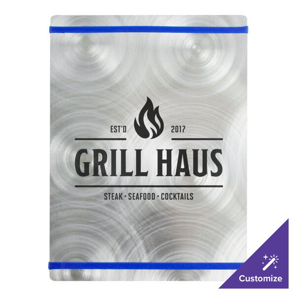 A Menu Solutions Alumitique aluminum menu board with a grill haus logo in silver metal with royal blue bands.