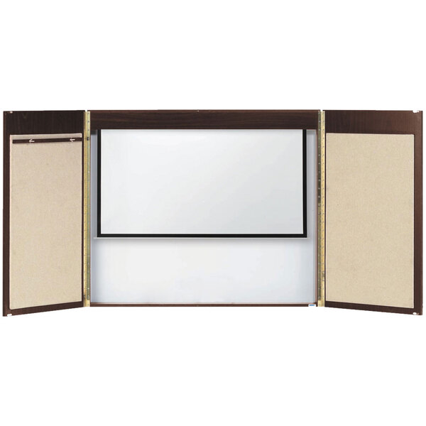 A whiteboard with a walnut hardwood veneer frame and a projection screen inside.