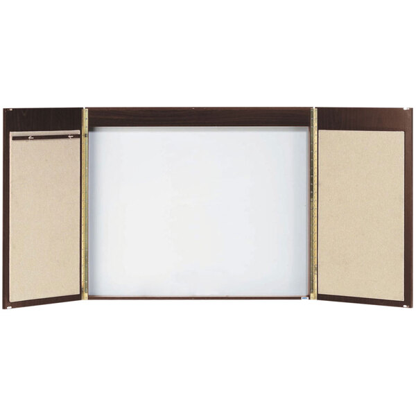 A wooden cabinet with a white rectangular walnut veneer board with a brown border.