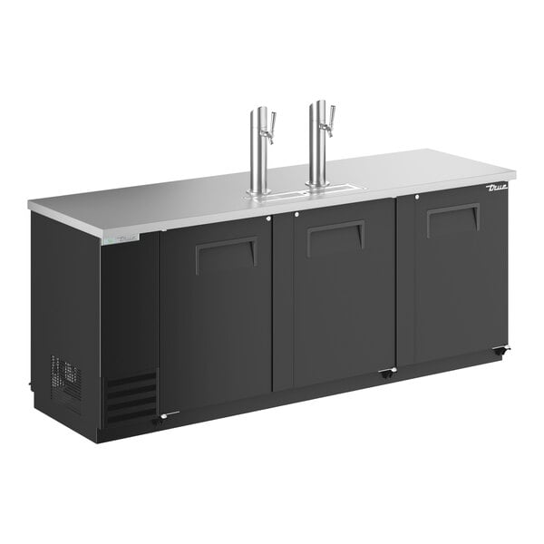 A black True beer dispenser with two taps on a counter.