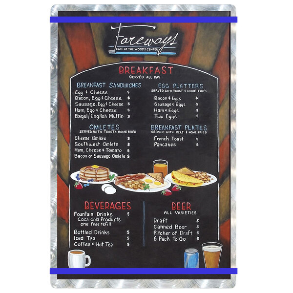 A Menu Solutions Alumitique menu board with Royal Blue bands and a menu on it.