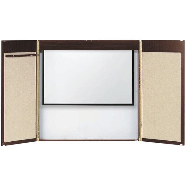 A white rectangular conference cabinet with a black border and a brown interior with a white markerboard inside.