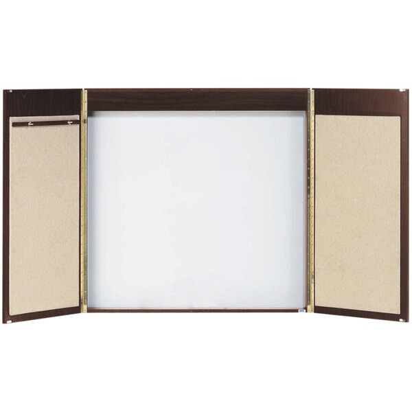 A brown and white rectangular cabinet with a white markerboard on the doors.