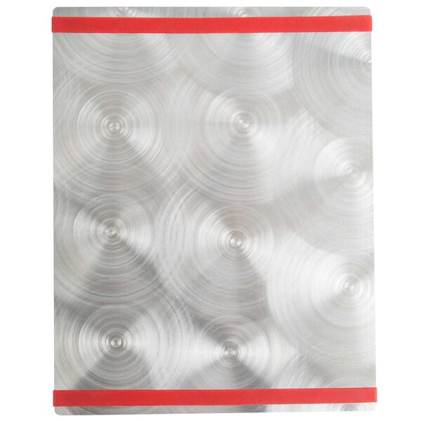 A Menu Solutions Alumitique menu board with silver swirls and red bands.