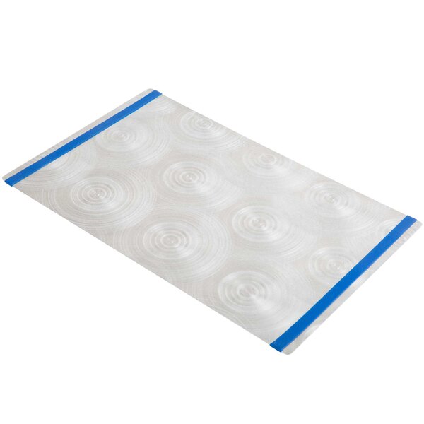 A white rectangular aluminum menu board with a blue swirl pattern and blue bands.