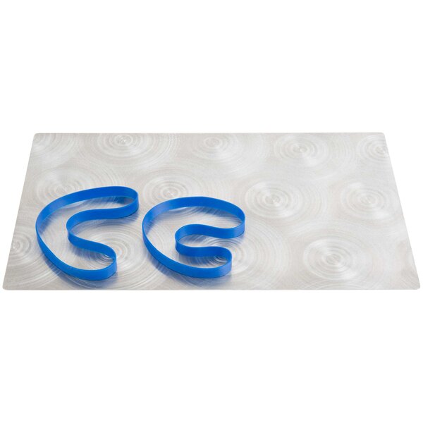 A Menu Solutions Alumitique menu board with blue rubber bands on a white surface.